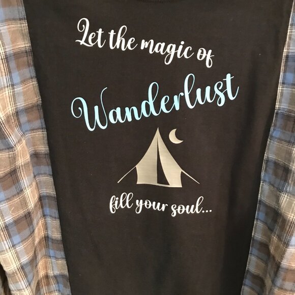 Reworked Flannel Shirt, Size L-XL: Upcycled Oversized Wanderlust Travel Graphics - Picture 4 of 8